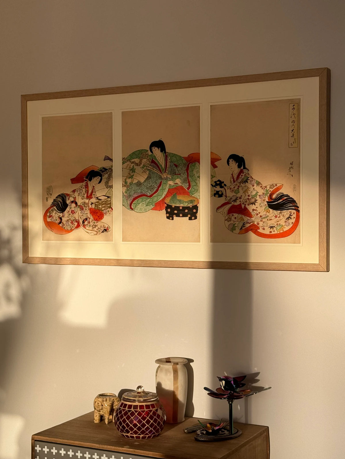 Japanese woodblock print triptych framed in black ash at Bermondsey Gallery